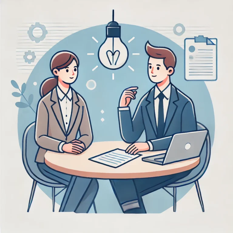 Illustration of a business meeting: A man and a woman in business attire sitting at a round table, discussing ideas. A laptop, papers, and a light bulb icon symbolize creativity and collaboration in a professional setting.