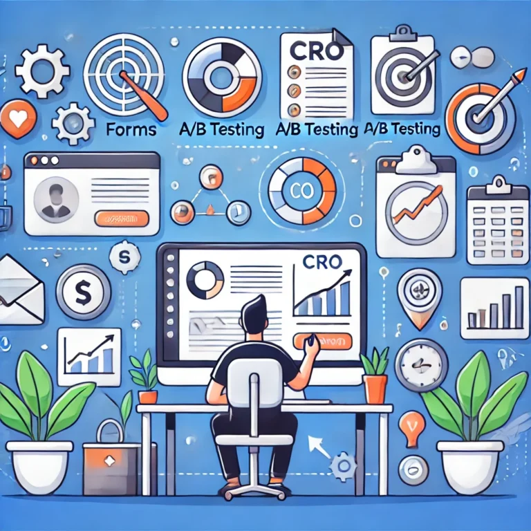 Illustration of a person at a desk working on Conversion Rate Optimisation (CRO) with visuals representing forms, A/B testing, call-to-action improvements, and data analysis. Surrounding icons highlight conversion metrics, user interactions, and positive website performance.