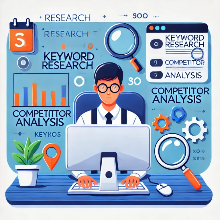 Illustration of a man at a computer desk, surrounded by keyword research and competitor analysis graphics. The scene includes magnifying glasses, charts, gears, and text related to SEO research. The man is wearing glasses, focusing on his work, with various elements like 'keyword research' and 'competitor analysis' displayed prominently around him.