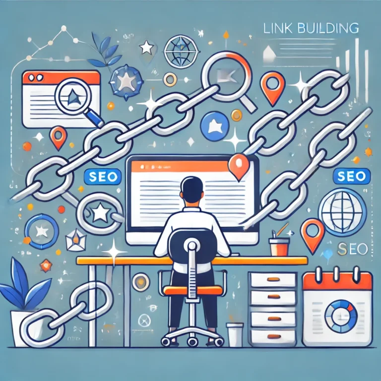 Illustration of a person at a desk working on link building for SEO, surrounded by large chain links and icons representing web pages, SEO, and geographic markers. The scene highlights the concept of building connections and backlinks to improve website ranking and authority.