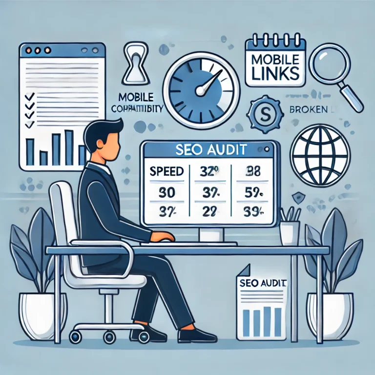 Illustration of a technical SEO audit: A person in business attire sitting at a desk, analysing SEO audit data on a computer screen. The screen shows metrics like speed, while icons around the screen represent mobile compatibility, broken links, and other technical SEO elements.